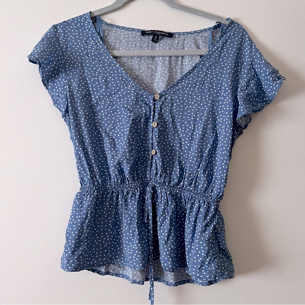 Polka Dot Blouse Women’s Size Small Blue and White